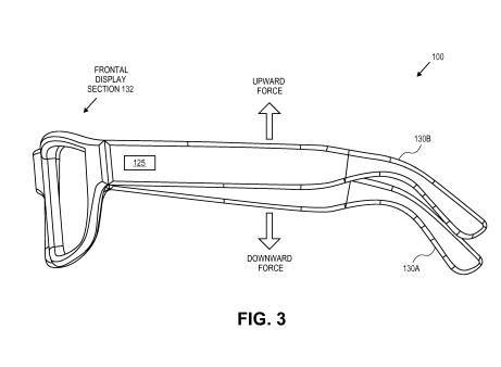 An image showing how sidearms of Glasses might move up and down, independently of each other, from the patent.