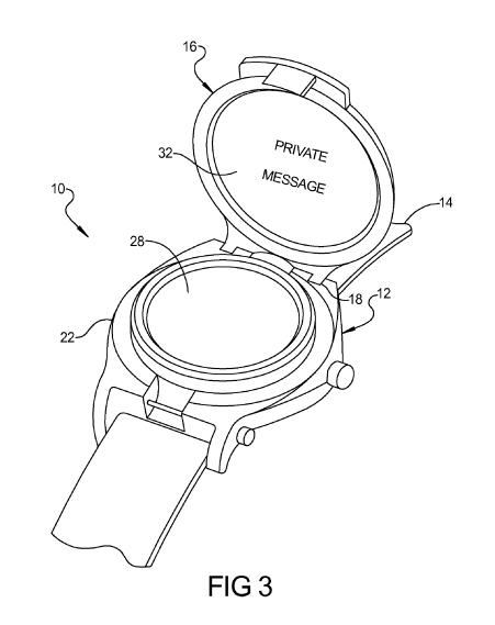 A watch with the face flipped up, and a message shown on the interior watchface display.