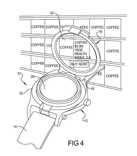 Looking through the interior watch face display at coffee on shelves, you can see information about price, health, and possibly an advertisement.