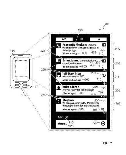 A screenshot from the patent showing messages, snippets, and updates from a number of people in a twitter-like view