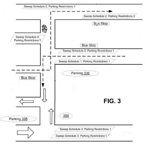 Street map image from Apple patent filing showing location of bus stop, parking restriction information, and the location of a parking garage.