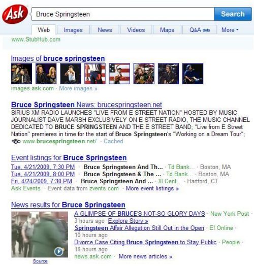 Ask.com search results for a search for Bruce Springsteen, including multimedia video news and image and news clustering.