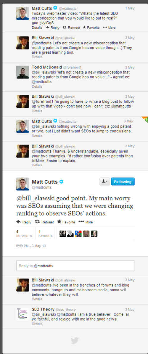 A Twitter exchange where Matt Cutts expresses his concerns about misconceptions being spread based upon Google Patents.