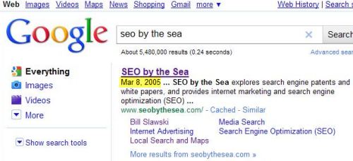 A Google search result for seo by the sea, showing a date of Mar 8, 2005 at the start of the description for the site.