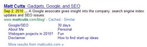 A Google search result for Matt Cutts, showing a date of Sep 2, 2010 at the start of the description for his blog home page.