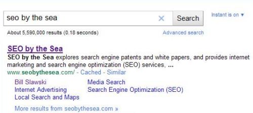 A Google search result for seo by the sea, without a date appearing at the start of the snippet shown for the site.