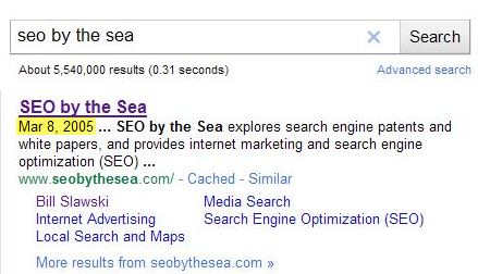 Another Google search result for seo by the sea, showing a date of Mar 8, 2005 at the start of the description for the site.