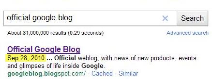 A Google search result for Official Google Blog, showing a date in the snippet of September 28, 2010, which is the date of the most recent post on the blog.