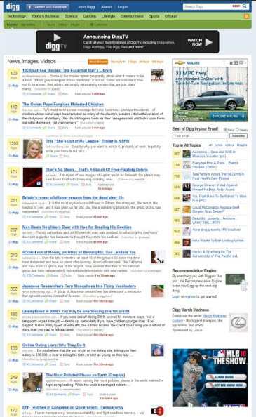 The digg homepage today