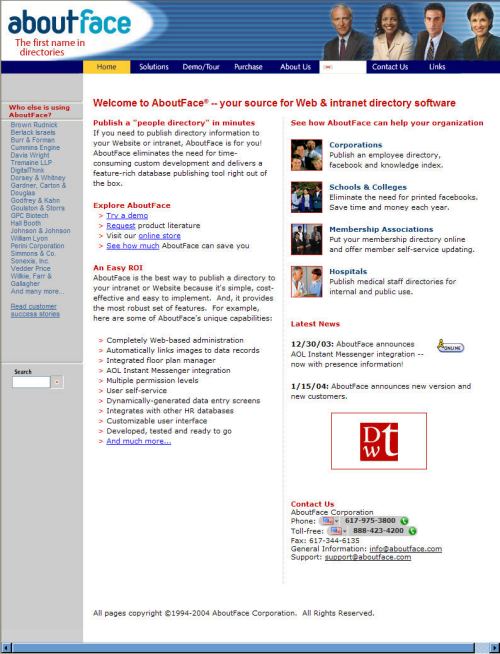 The facebook.com home page as it appeared on Febrary 22, 2005, as the home page for the About Face Corporation.