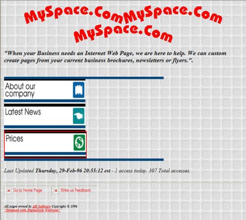 The MySpace home page on January 7, 1997, hosting a web design company credited to AB Software.