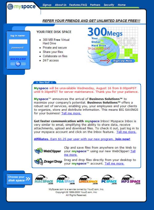 The MySpace.com home page on August 16, 2000, offering free hosting and paid business services.