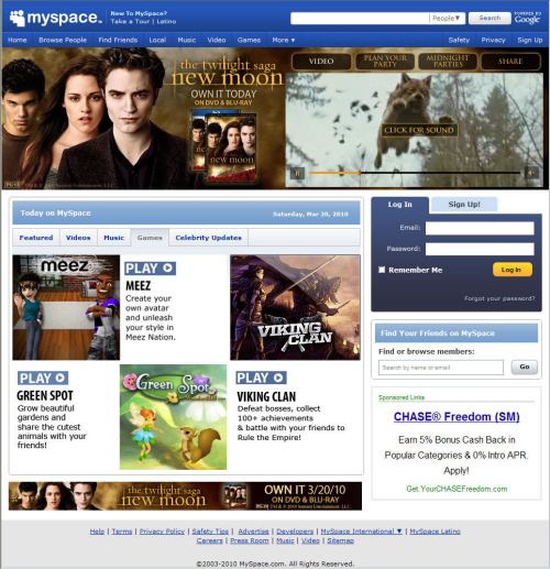 The MySpace.com home page today.