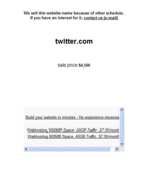 The Twitter.com home page on May 18, 2004, looking sparse and advertising the sale of the domain for 4,500 dollars.