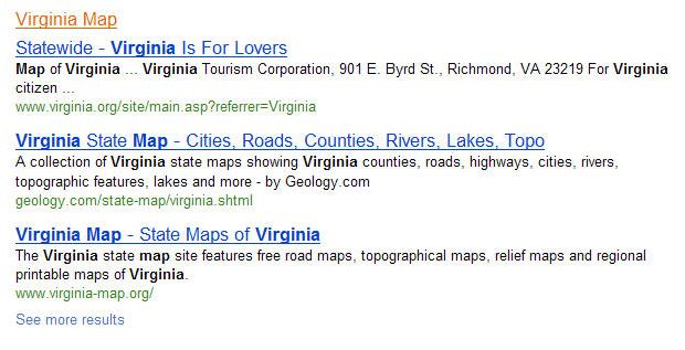 The grouping of Virginia maps results on a search for the term virginia.