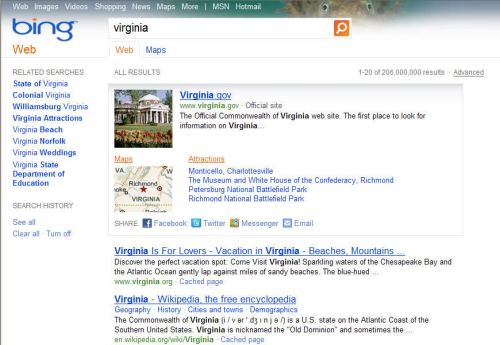 The first few Bing search results for the term virginia.