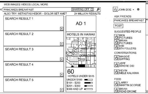 A screenshot from the patent showing a social side pane alongside Bing social search results, with a place to enter questions in Facebook, and select people who might answer those questions, ans well as related posts and results.