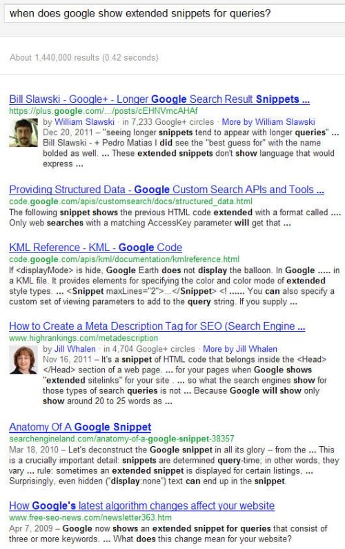 Google search results with many snippets that are much longer than what Google used to show in the past.