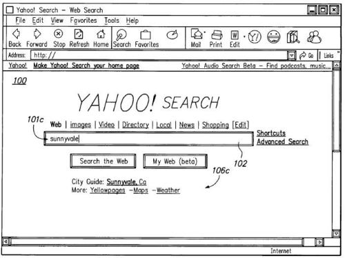 A screen shot from a yahoo patent showing a speculative search result for sunnyvale