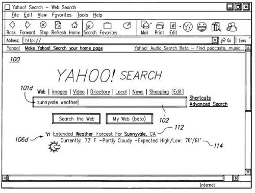 A screen shot from a yahoo patent showing a speculative search result for sunnyvale weather