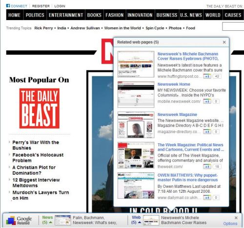 After hovering over the Related Web pages Widget, I was shown a popup providing links to 5 articles including news and blog posts.