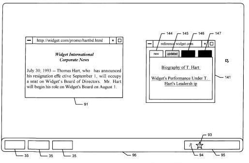 A screenshot from one of the new patents showing a popup with a couple of informational widgets, looking somewhat similar to the Google Related toolbar and informational widget.