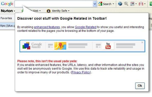 The notification announcing the addition of Google Related that popped up when I opened my browser.