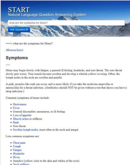 Start - Answering a question about Symptoms for Mono