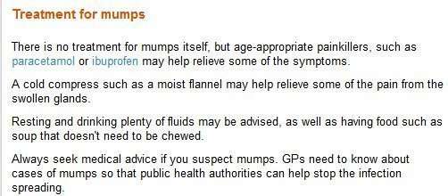 A n authoritative page (heading and associated text) on the topic of "treatment for mumps".