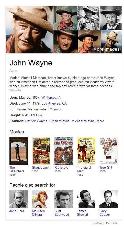 "Knowledge Panel at Google for John Wayne and related entities
