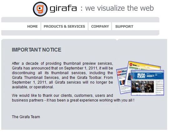 A notice from the Girafa website informing visitors that they will no longer be providing services after September 1, 2011.