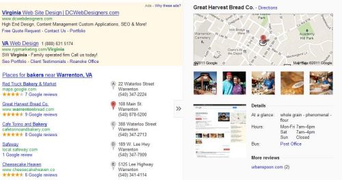 Google Maps results for Warrenton, Virginia, bakeries, with an instant preview showing for one of the bakeries as well as a map showing the location of that bakery.