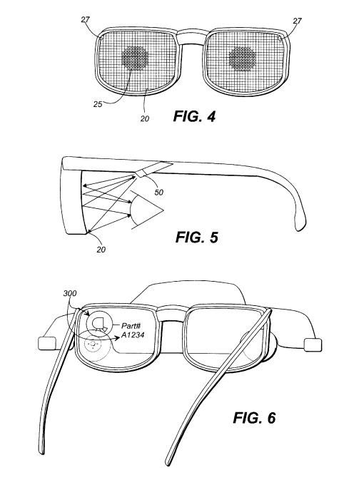 A screenshot from the patent showing three parts: a pair of glasses, a camera scanning someone's eye, and a view through the glasses showing a part number for a car.
