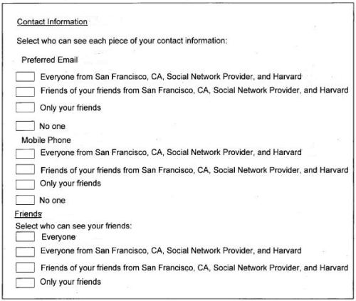Facebook contact privacy selection form