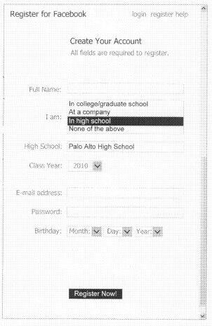 A Facebook account creation, with the selection of high school as an organization, from amongst other choices such as college or a business.