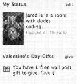 A Facebook status screen, with a note that there is '1 free wall post gift to give.'