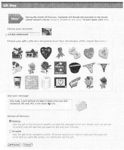 A Facebook screen where you can choice a gift recipient and a gift to send, along with a message.