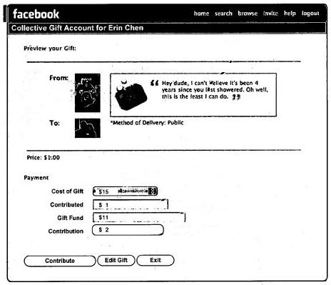 A screen showing a someone donating a dollar towards the collective purchase of a gift for another Facebook user, with a personalized note to be sent from the contributor to the recipient.