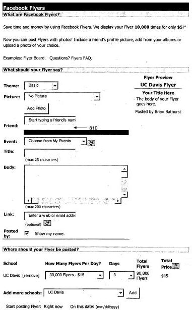 A facebook Flyer form where you can select what a flyer says and where it should be posted.