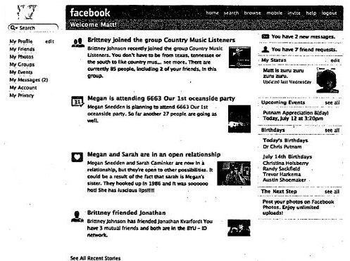 Facebook page showing stories about people 'related' to the person whose page it is.