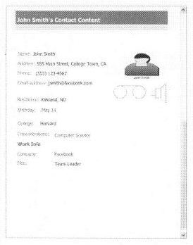 A Facebook Content screen showing contact information for 'John Smith'