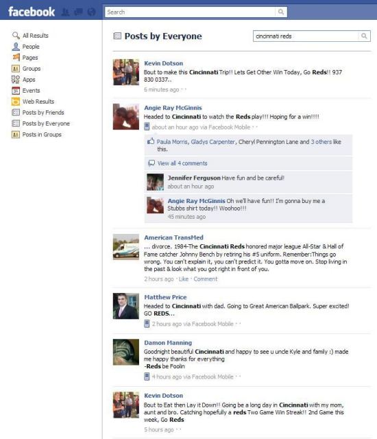 A screenshot of Facebook search results on the term [cincinnati reds] on a search of posts by everyone.