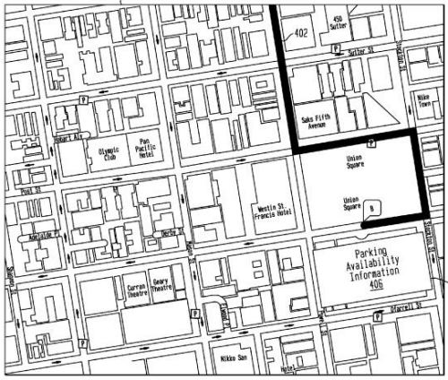 A map from the Yahoo patent showing an area in NYC with a parking garage labeled 'Parking Availibilty Information.