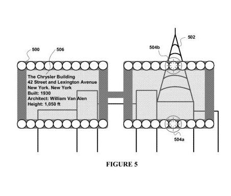 A pair of the same glasses showing the Chrysler building on one side, and textual information about the building on the other