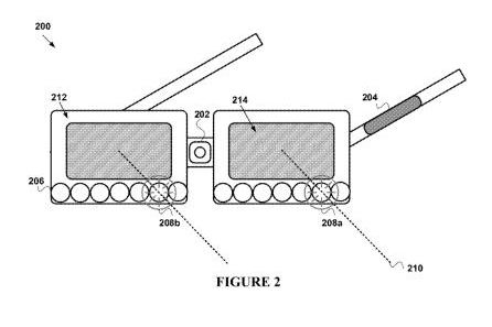 A slightly different looking pair of Google Glasses, with an array of sensors across the bottoms of each lense.