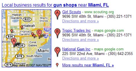 Google local search results on a search for gun shops in Miami Florida with the Girl Scouts as the top result