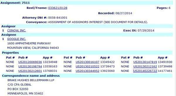 USPTO Assignment of patents from CiiNow to Google