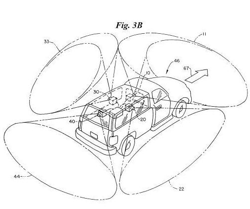 An image from a Facet Technology patent showing a vehicle with cameras in place to film streets, road signs, and traffic signals.