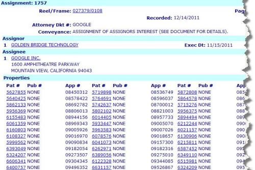 An image from the USPTO database showing the assignment of patents from GBT to Google.