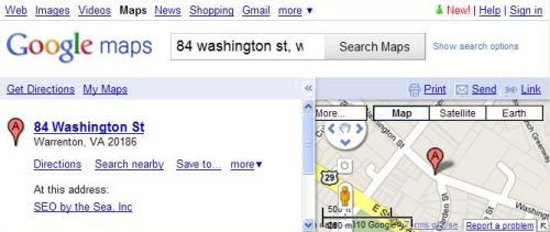 A Google Maps result showing only one location listing for a search for 84 Washington St., Warrenton, Va